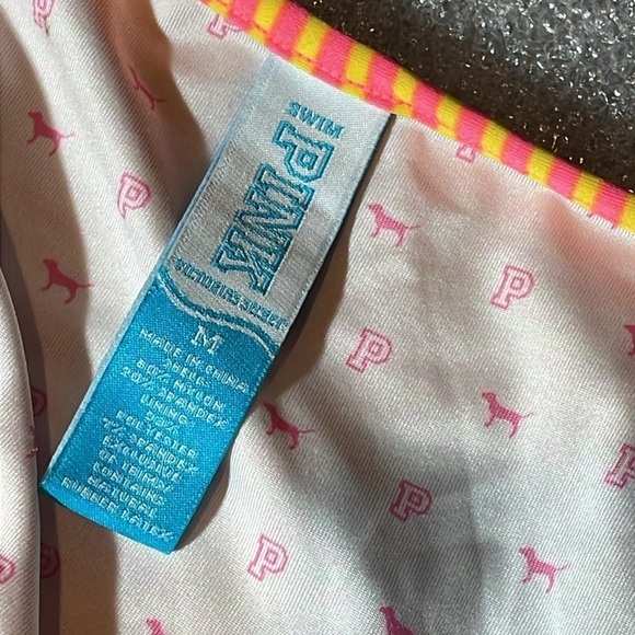 VS PINK Ruffle String Bikini Pink Yellow Stripe M Bottom L Top - Picture 8 of 8